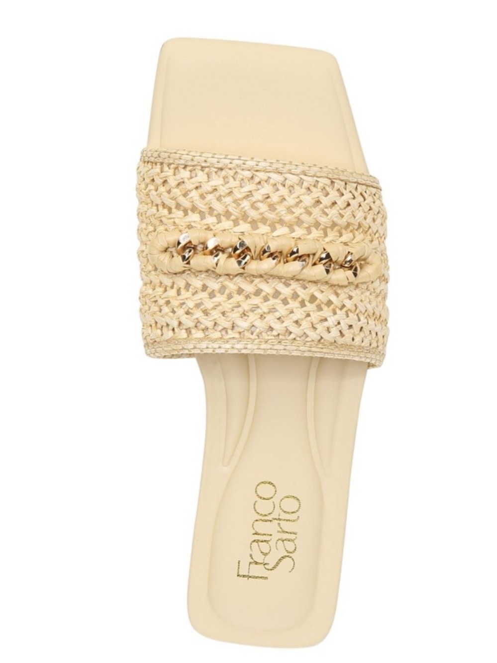 Franco Sarto Beige Chain-Trim Square Toe Slides